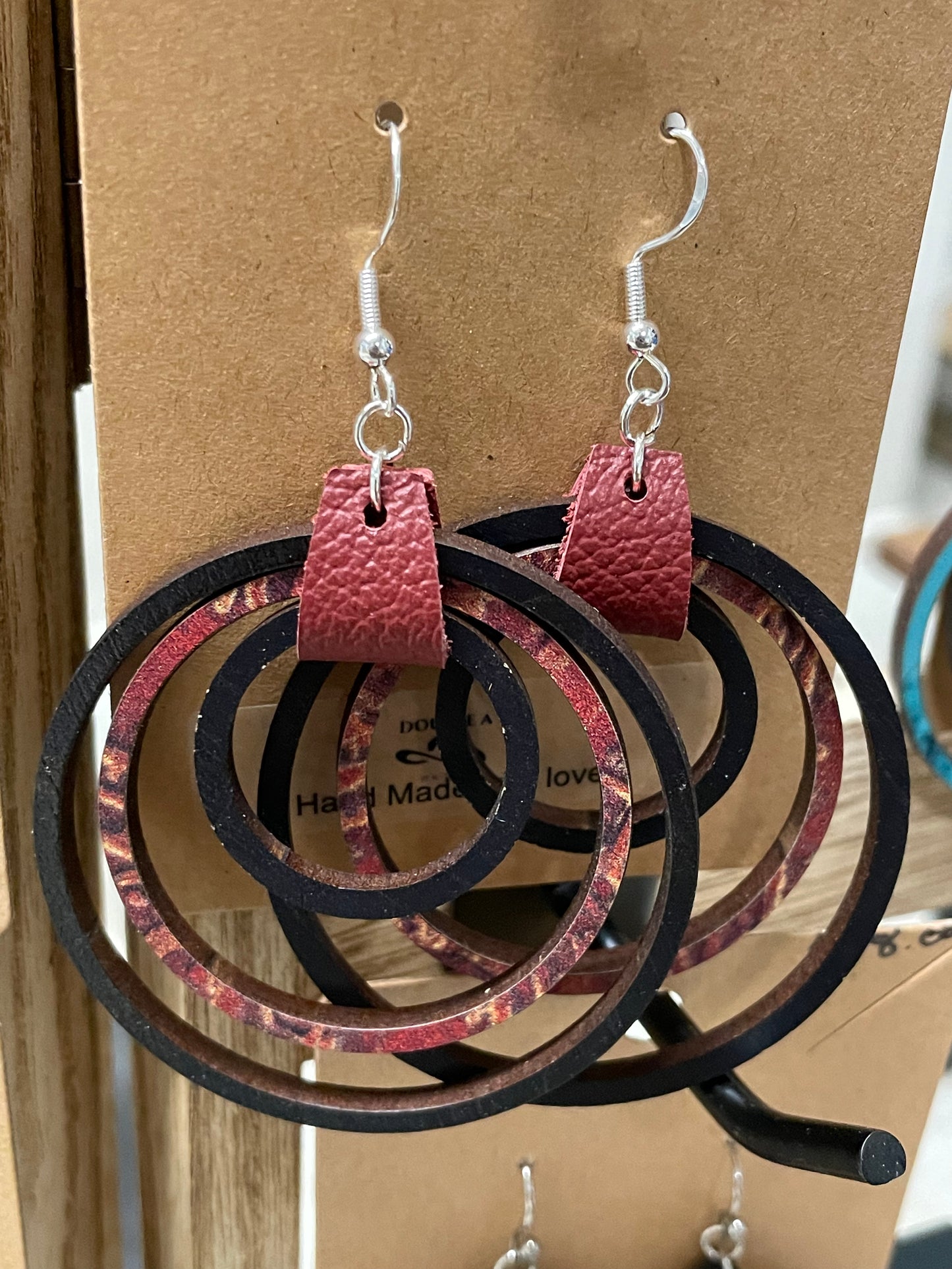 Black and Red Leather Print Hoops